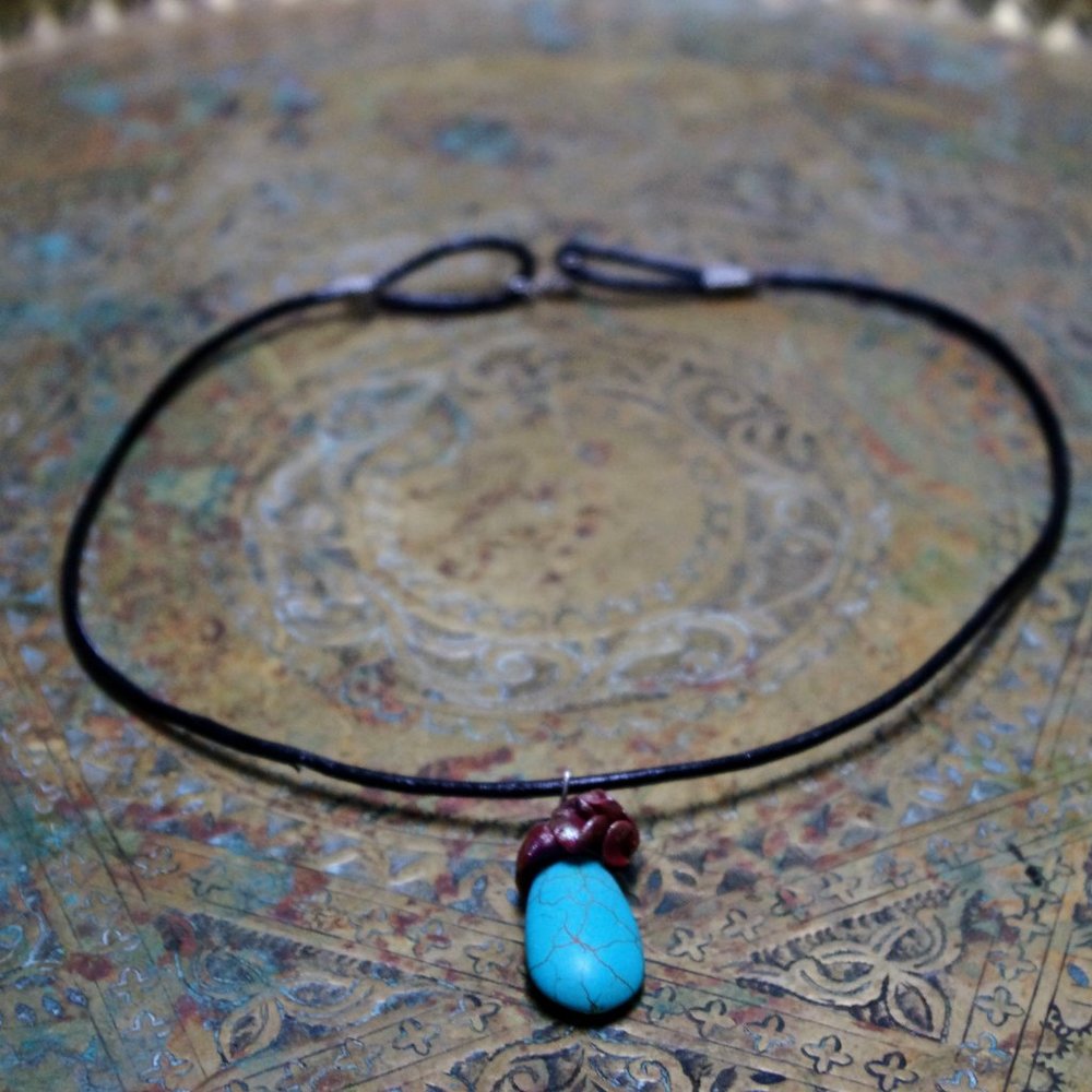 Teal Howlite Pendant Necklace with Sculpted Clay Flower Details - Handmade OOAK